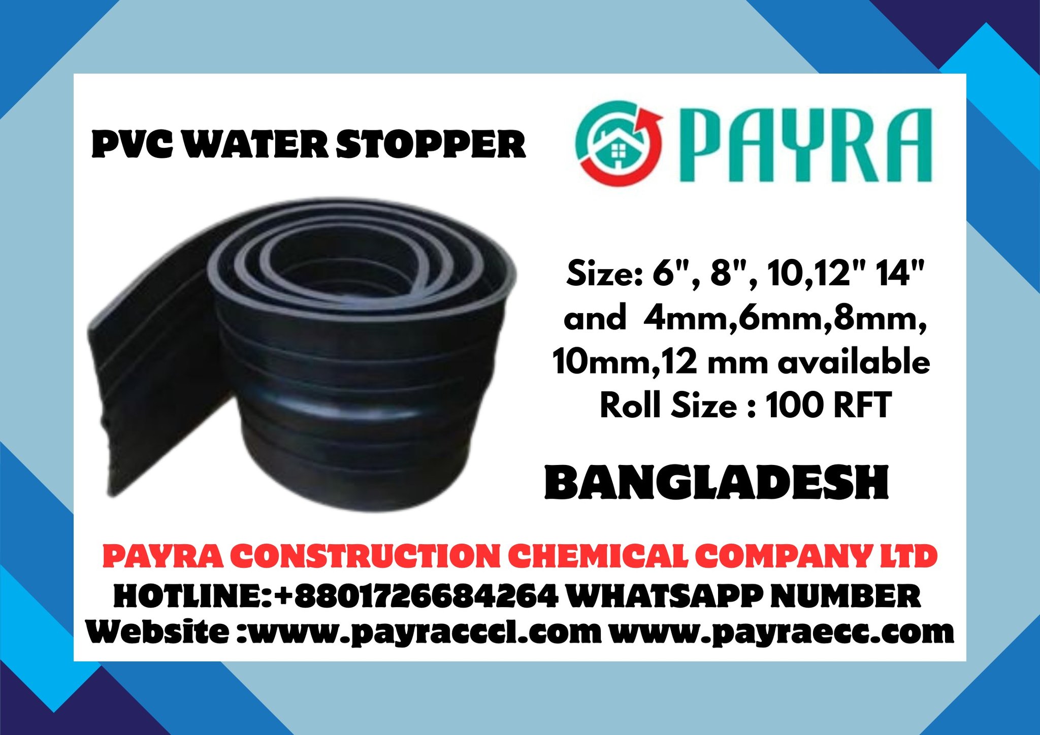 Stop Water Leaks Before They Start! 🚧 Protect your concrete structures for decades with our high-quality PVC WATER STOPPER. Essential for construction joints in basements, water tanks, tunnels, reservoirs, and retaining walls. ✅ AVAILABLE IN ALL STANDARD SIZES: • Width: 6", 8", 10", 12", & 14" • Thickness: 4mm, 6mm, 8mm, 10mm, 12mm • Roll Size: 100 RFT (Roll) • Colors: Black & Grey Why choose PAYRA? ✔️ Premium Raw Materials ✔️ Excellent Flexibility & Durability ✔️ Superior Adhesion to Concrete ✔️ Corrosion Resistant ✔️ Trusted by Builders Across Bangladesh 📦 Ready for immediate supply for your projects! Get a Quote Today! 📱 Call/WhatsApp: +8801822968816 | +8801726684264 📧 Email: payraecc@gmail.com | payracccl@gmail.com 🌐 Visit Us: www.payraecc.com | www.payracccl.com #PVCWaterStopper #ConstructionBangladesh #Waterproofing #BuildingMaterials #CivilEngineering #ConstructionChemicals #WaterproofingSolutions #PayraConstruction #BuildingSafety #ConstructionJoints #BasementWaterproofing #ContractorLife #Engineering #DhakaConstruction #BangladeshConstruction #PayraECC #PayraCCCL @top fans Payra Construction Chemical Company Ltd Payra Construction Chemical Company Ltd